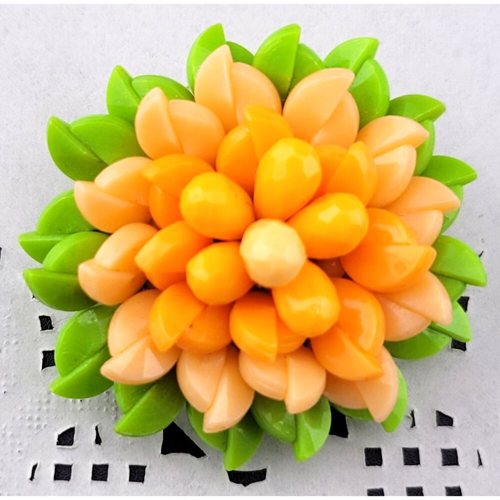 MCM Hong Kong Orange Thermoset Lucite Plastic Flower 3D Dimensional Brooch Pin